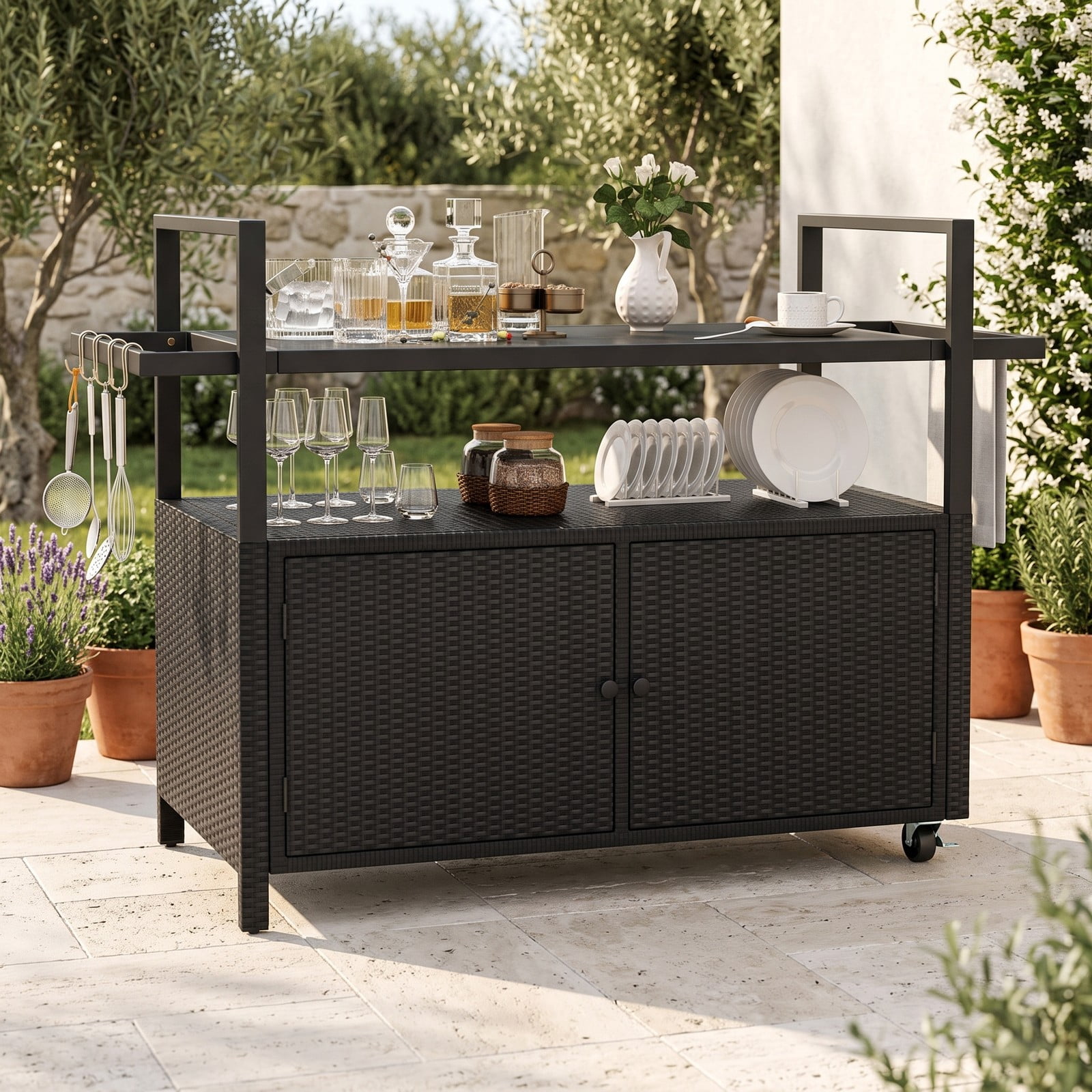 Furnibear Outdoor Bar Cart, Wicker Buffet Serving Cart with Tempered Glass Top, 2-Door Cabinet, Open Shelf and 8 Removable Hooks, Rolling PE Rattan Kitchen, Black