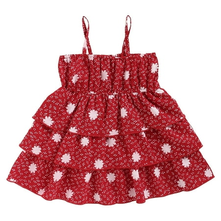 

KIMI BEAR Newborn Baby Girls Dress 3 Months Newborn Girls Summer Dress 6 Months Newborn Girls Cute Polka-dot Floral Print Sling Tiered Dress Red