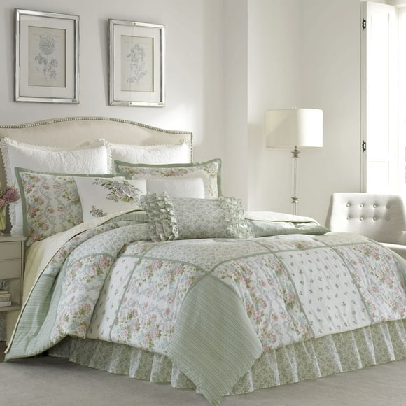 Laura Ashley - Full Comforter Set, Reversible Cotton Bedding with Matching Shams & Bedskirt, Stylish Home Decor for All Seasons (Harper Sage, Full)