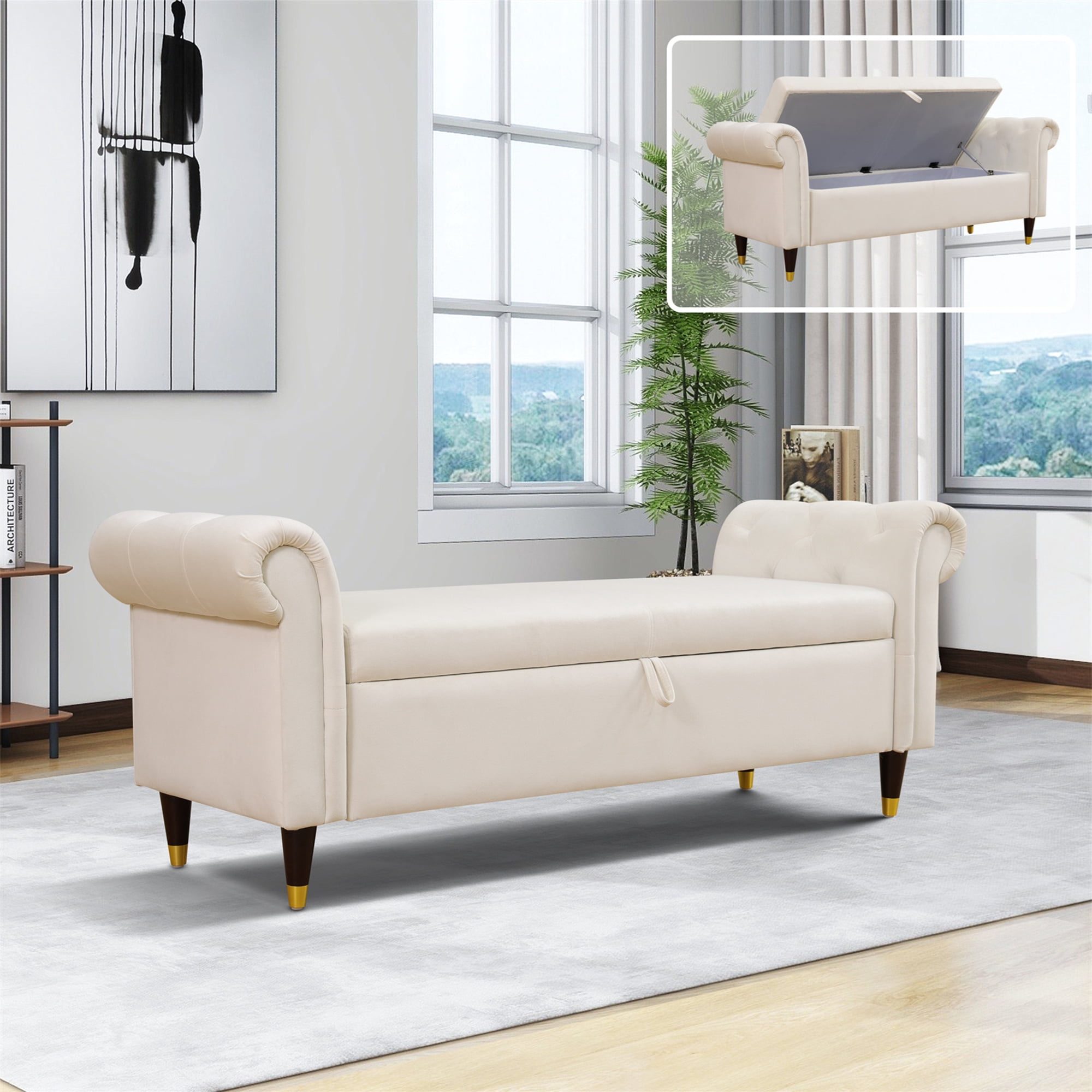 Aukfa 64 inch Oversized Storage Ottoman Bench, Lift Top Storage Chest for Bedroom, Sherpa, White