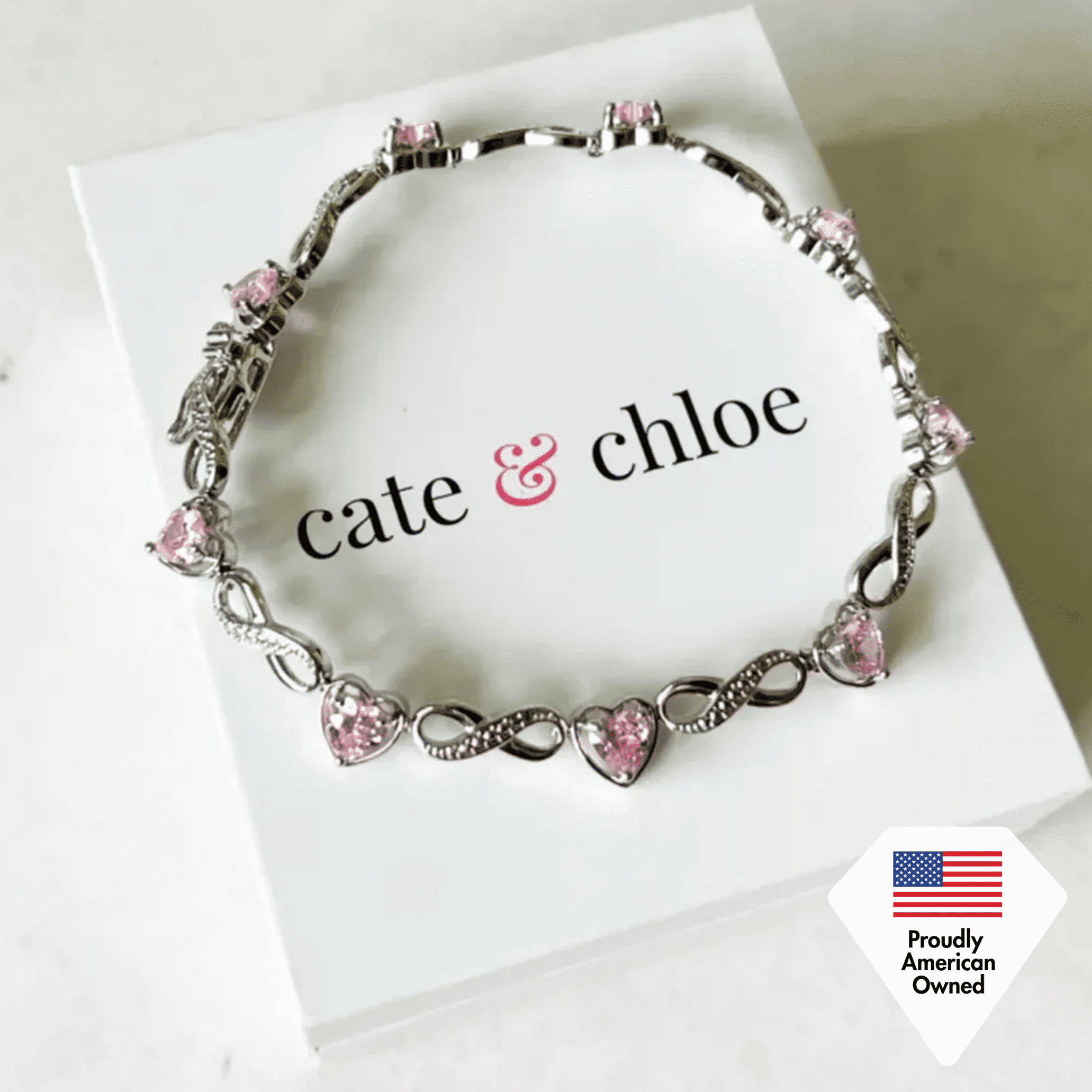 Cate & Chloe Amanda 18k White Gold Plated Pink Heart Bracelet with Simulated Diamonds for Women