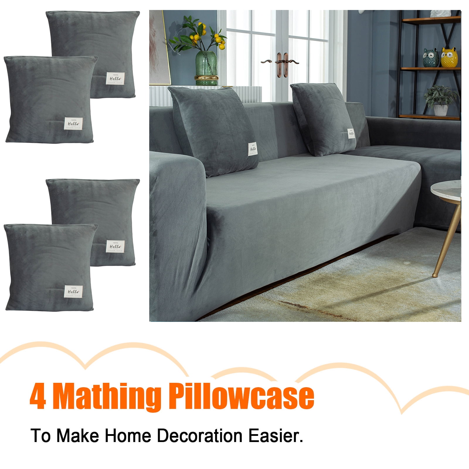 CJC Sectional Couch Covers, Velvet Stretch L Shape Sofa Covers, 2pcs Sofa Slipcovers for 3 + 4 Seaters Sectional Chaise Slipcover for Pets Kids, Grey