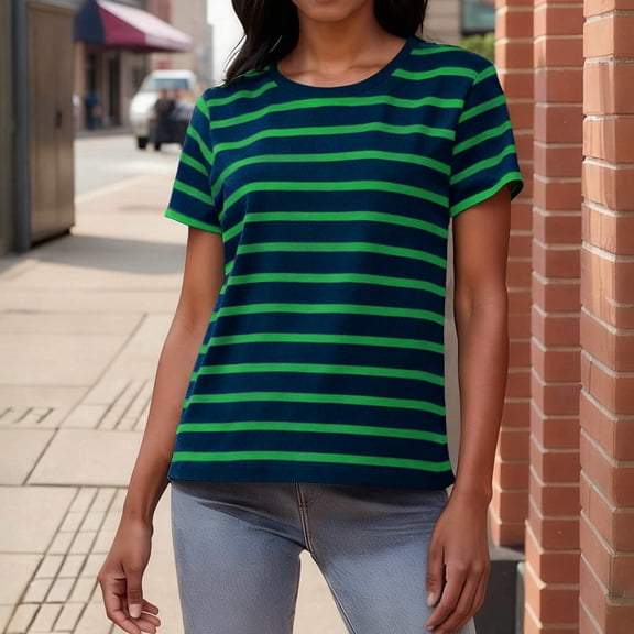 Caywon Women's Fashion Striped Casual Short Sleeve Round Neck T Shirt Breathable Classic Striped for Daily Weekend Outdoor Casual Wear