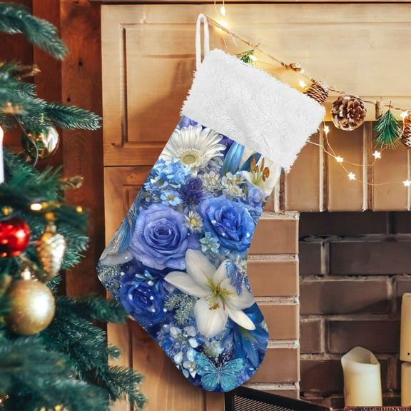 RMDQTR Christmas Stockings for Xmas Gifts - Large Size Festive Holiday Decor for Family Blue and White Crystal Roses