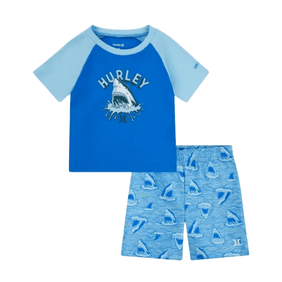 Hurley Baby Boys Shark Head Rashguard & Swim Shorts Set, Blue, 12 Months