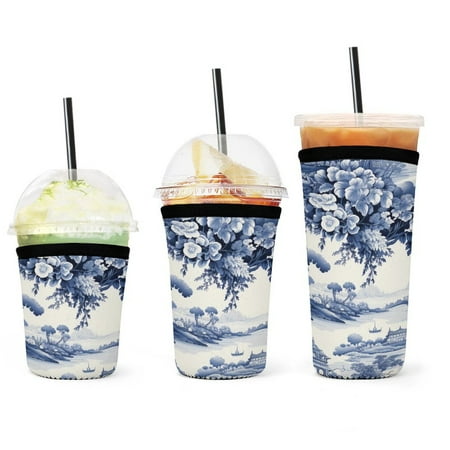 

Set of 3 Packs Reusable Hot And Iced Coffee Cup Sleeve Neoprene Tumbler Sleeve Blue Chinoiserie Toile Bridge(16 24 32oz)