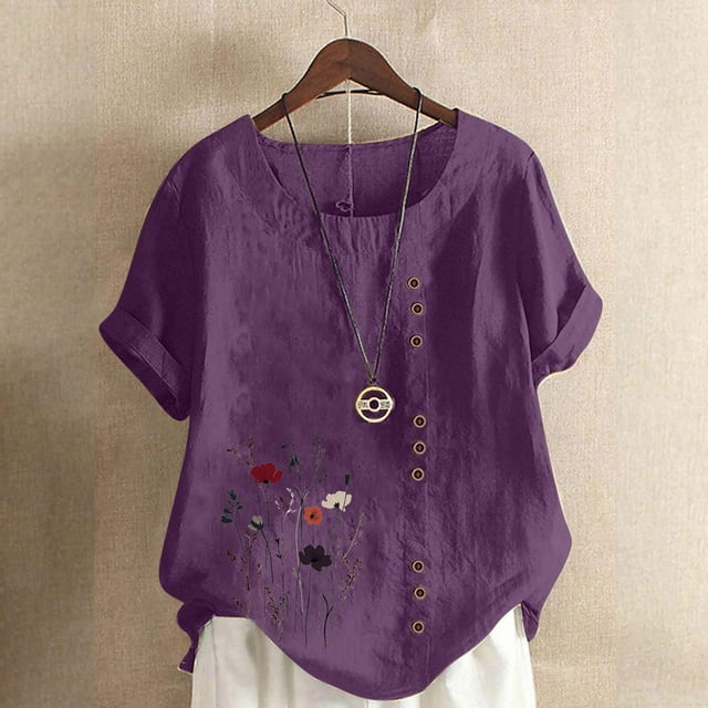 Lydiaunistar Womens Plus Size Spring Tops Casual Round Neck Short Sleeve Printed Button Blouse T-Shirt Lightweight Comfy Summer Fall Fashion Purple