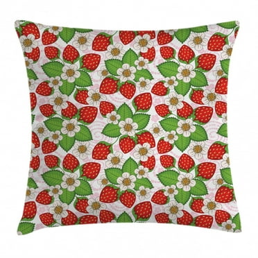 Spring Decor Throw Pillow Cushion Cover, Floral Pattern with Strawberries Flowers Leaf Season Cute Inspirational Design, Decorative Square Accent Pillow Case, 16 X 16 Inches, Green Red, by Ambesonne