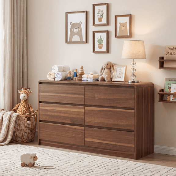 6 Drawer Dresser for Bedroom, 47" Modern Wood Chest of Drawers with Spacious Countertop, Walnut Storage Cabinet with Concealed Handles & Rounded Corners, Dressers for Living Room, Closet