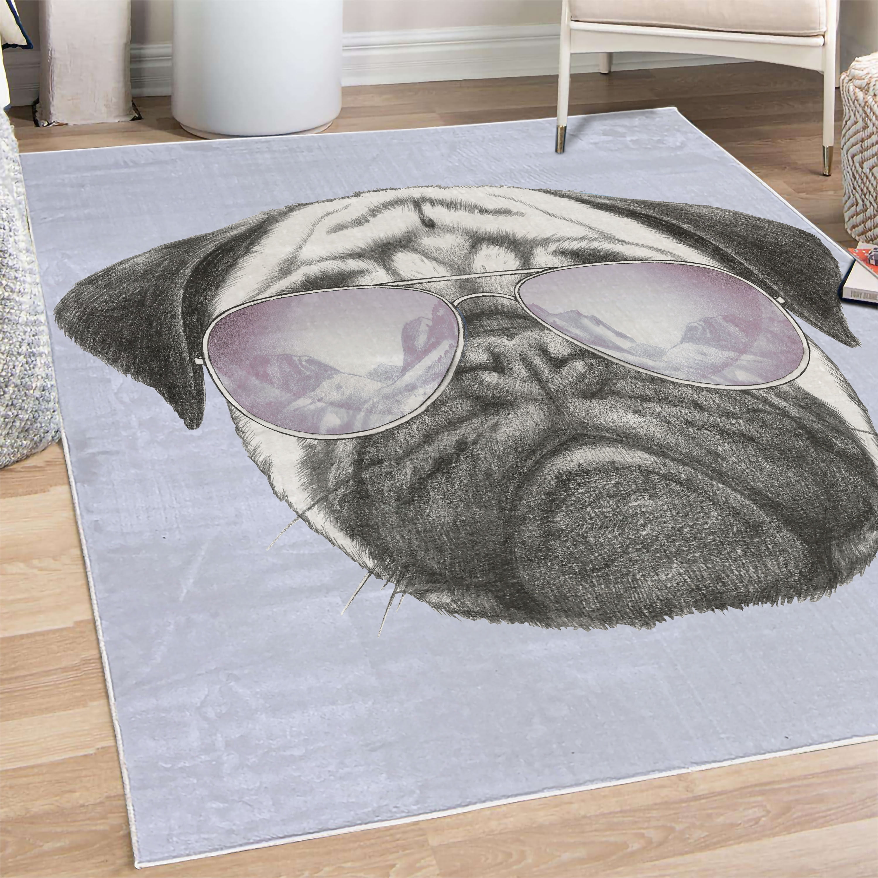Pug Decorative Rug, Dog Portrait Mirror Sunglasses Hand Drawn ...