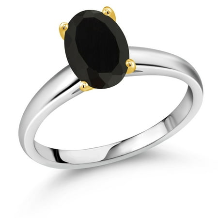 Gem Stone King 2.00 Ct Oval Black Onyx 10K White and Yellow Gold Ring Ring (Size 6)