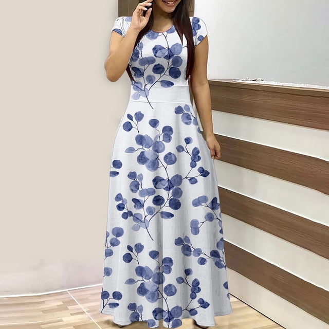 Baikeli Liquidation de Robes pour Femmes Robes d'Été pour Femmes 2024 Robes Soleil à Imprimé Floral Tenues Tunique à Col Rond Robe Portefeuille Moulante Robe Maxi Extraterrestre 2024 Robes