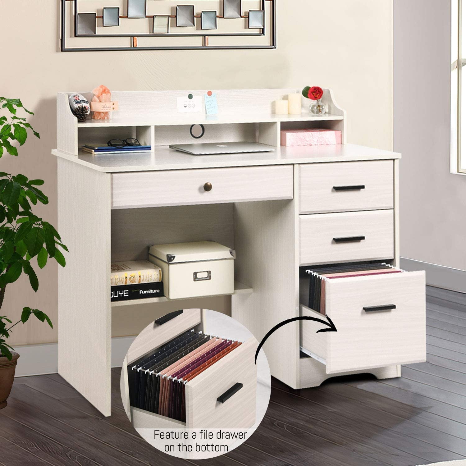 Catrimown Computer Desk with Drawers, Wood Home Office Desk with Monitor Stand, PC Desk with Monitor Stand, White Oak