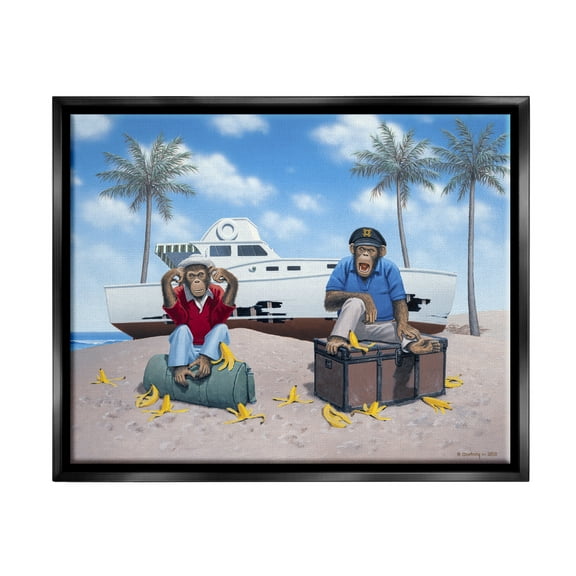 Stupell Industries Chimps & Yacht on Beach Animals & Insects Painting Black Floater Framed Art Print Wall Art, 21 x 17
