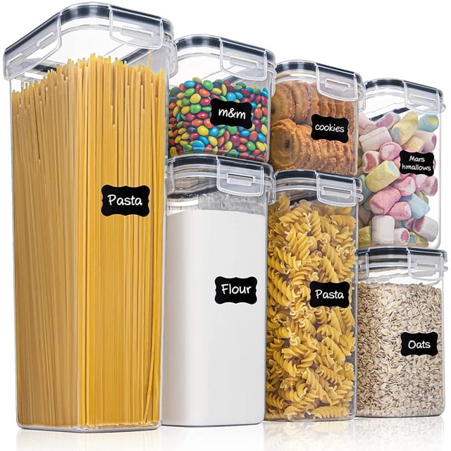 Juego de Contenedores de Almacenamiento, Almacenamiento de Cereales y Alimentos, Plástico Sin BPA, Herméticos, Juego de 7, 24 Etiquetas para Cereales, Harina, Azúcar, etc.