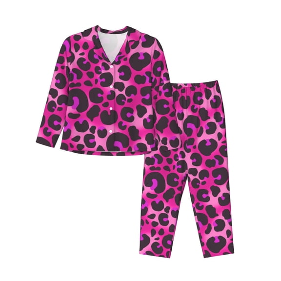 Pajamas for Women Set - red pink Leopard print Comfy Long Sleeve Button Up Pajama Sets for Women 2 Piece, Soft Sleepwear Nightwear Pjs Lounge Sets for Women with Pockets