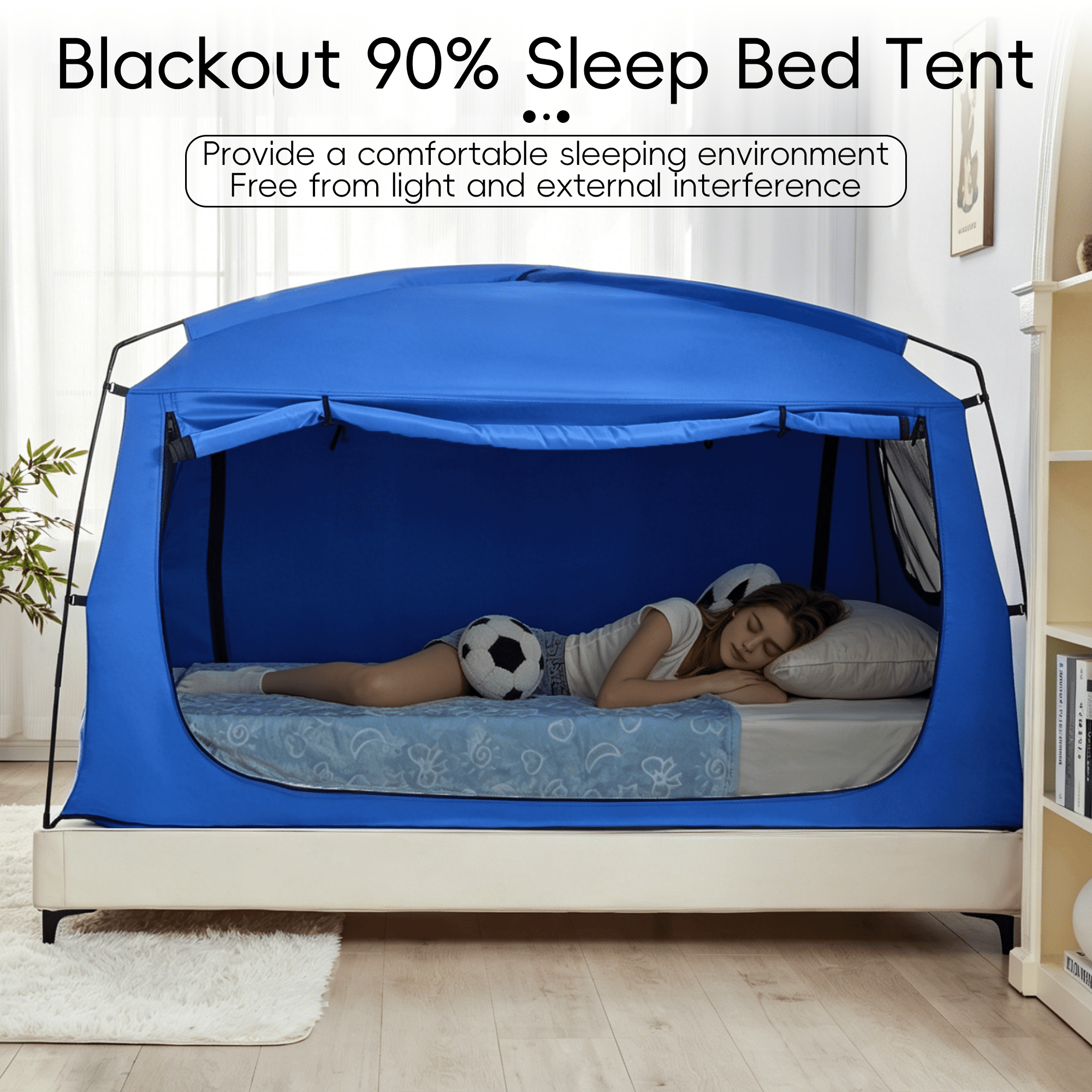 Blue Privacy Twin Size Bed Tent for Adults Kids,Blackout Sleep Bed Tents Canopy Breathable Mesh Windows