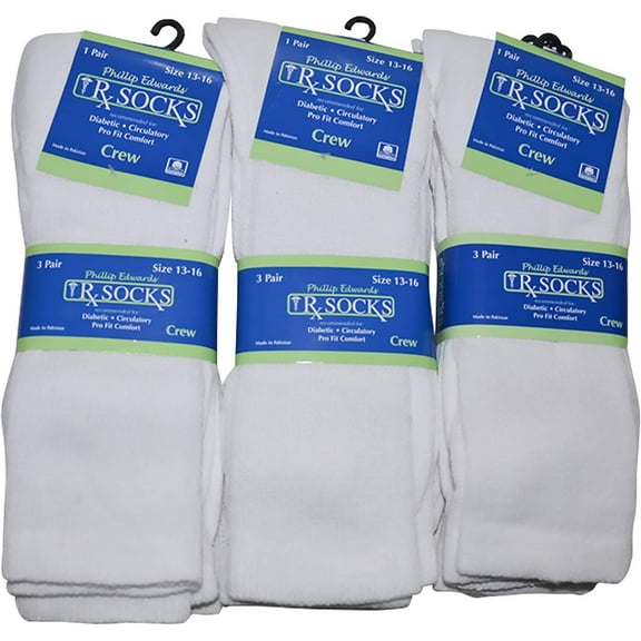 Diabetic Socks Mens Non-Binding Crew Big and Tall, Size 13-16, 9 Pairs, White