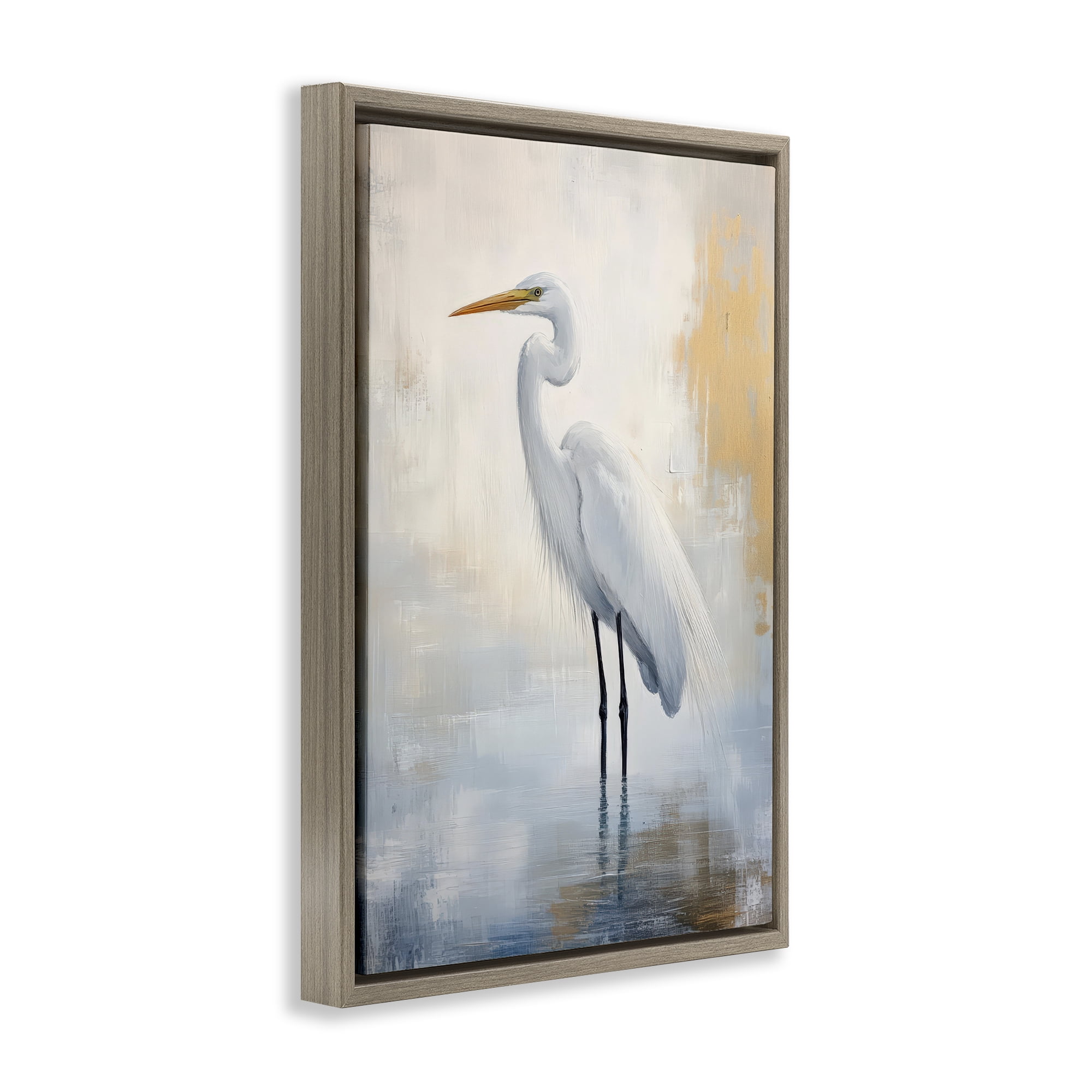 Stupell Industries Distressed Egret with Misty Reflection Brown Framed Floater Canvas Wall Art, design by Petal Prints Design