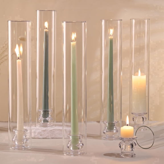Hurricane Glass Candle Holders Set of 6, 12" Tall Taper Candle Holders with Windproof Glass Chimney Covers, Clear Candlestick Holders for Wedding Table Centerpiece & Home Decor