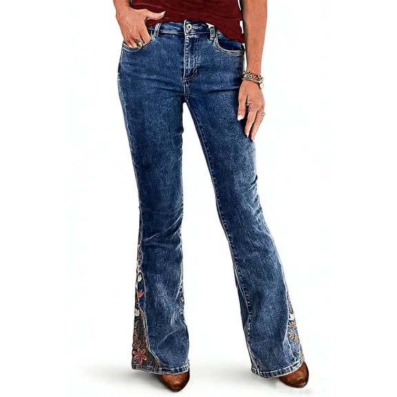 Women's High Rise Flare Jeans with Floral Embroidery, Stretch Denim Pants for Western Style