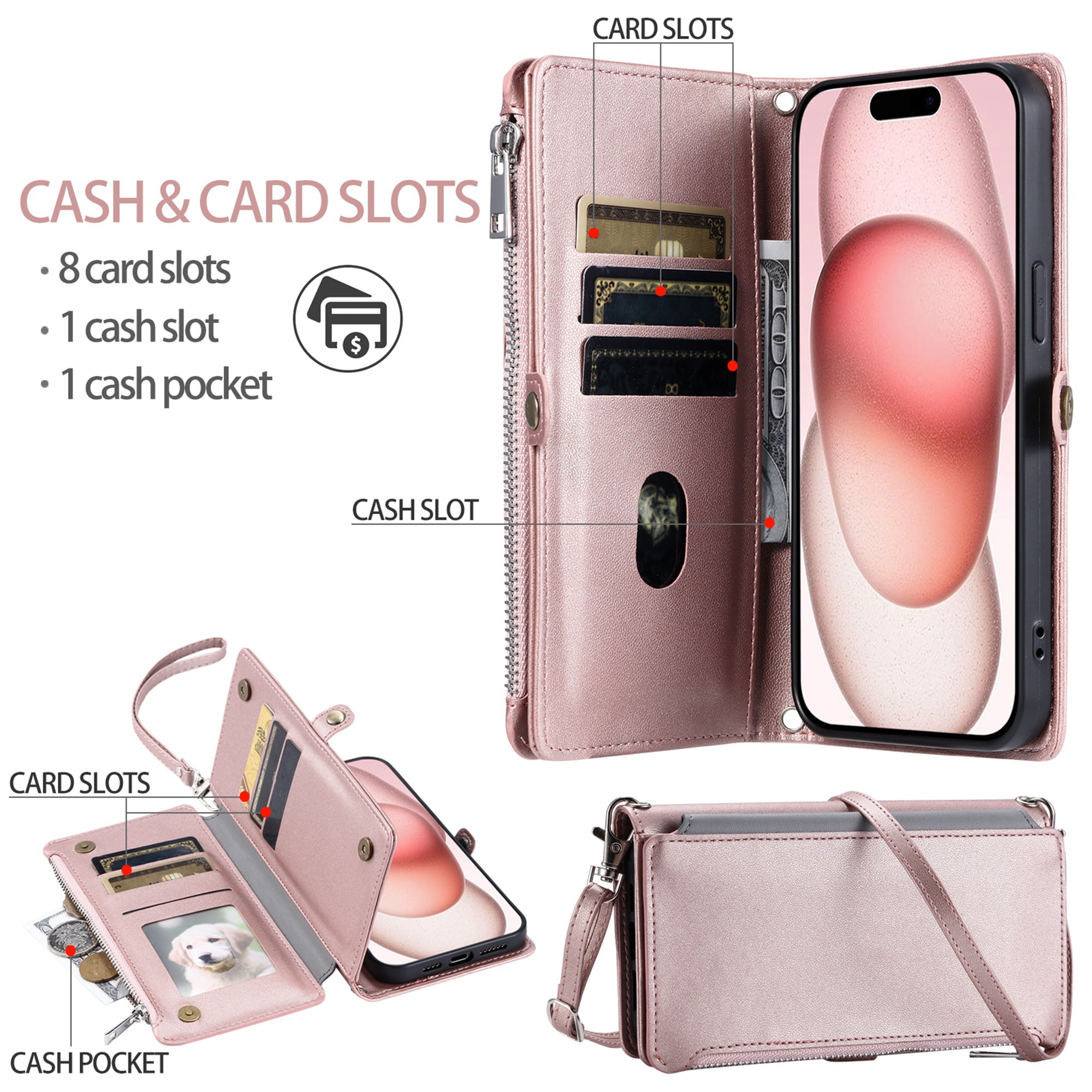 Dteck for Samsung Galaxy A14 5G Wallet Case, Crossbody Zipper Purse with Wrist for Women Men, 8-Card Slots Holder PU Leather Kickstand Flip Cover Phone Case,Rosegold