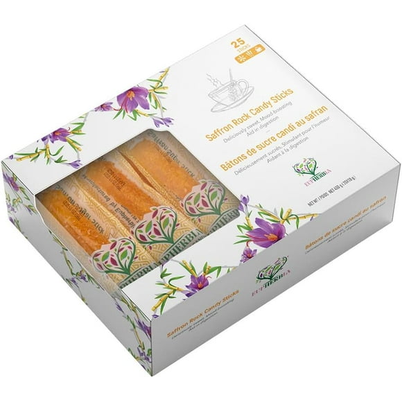 Eupherbia Saffron Rock Candy Sticks, Handcrafted Sweetness, Saffron Infused, 25 Pack