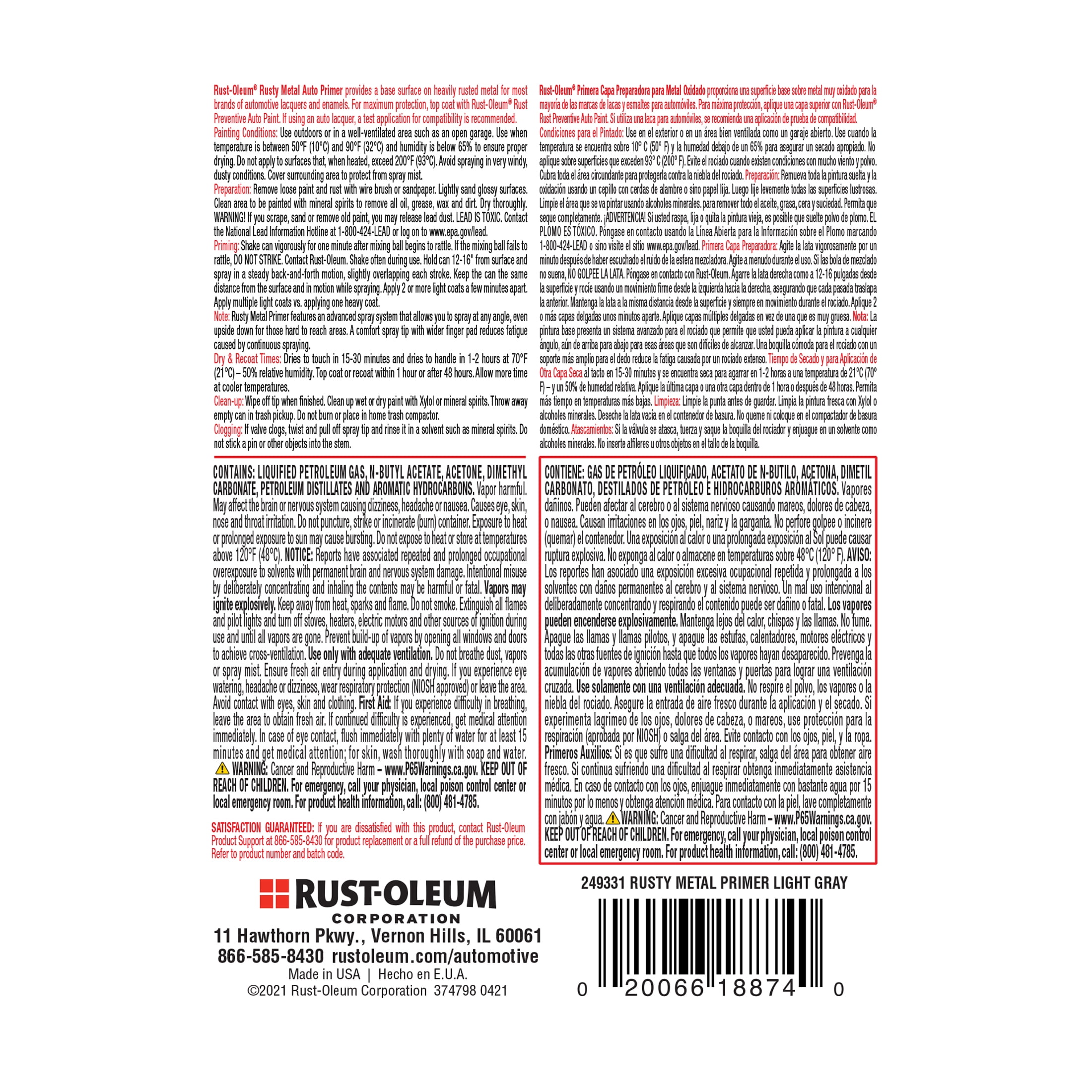 Rust-Oleum Automotive Rusty Metal Primer Spray, Light Gray, 12oz