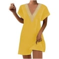 thumbnail image 2 of Mefallenssiah Mode Femmes Été Solide Causal V-Cou à Manches Courtes Vacances Robe de Dentelle, 2 of 7