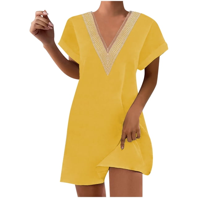 Birdeem Mode Femme Été Uni Décontracté Col en V Manches Courtes Vacances Robe en Dentelle
