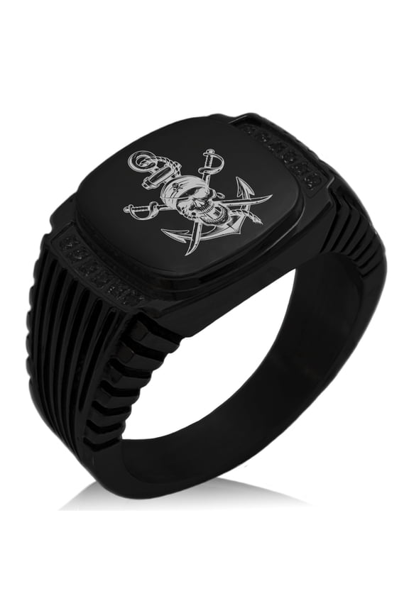 Stainless Steel Pirate Skull Anchor & Cross Swords CZ Ribbed Needle Stripe Pattern Biker Style Polished Ring