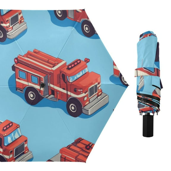 Cute Firetrucks All Weather Umbrella Triple Folding Parasol 6 Ribs UV Protection Portable