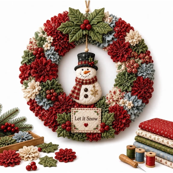 Christmas 3D Fabric Poke Wreath DIY Kit, Christmas Wreath DIY Kit for Adults Teens, Christmas Decorations (Snowman)