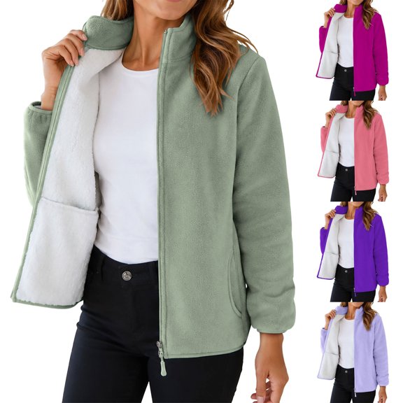 Smsaxvxz Women's Full Zip Soft Polar Fleece Jacket Fashion Solid Outdoor Recreation Coat Lightweight Winter Fall Outerwear Green 2XS