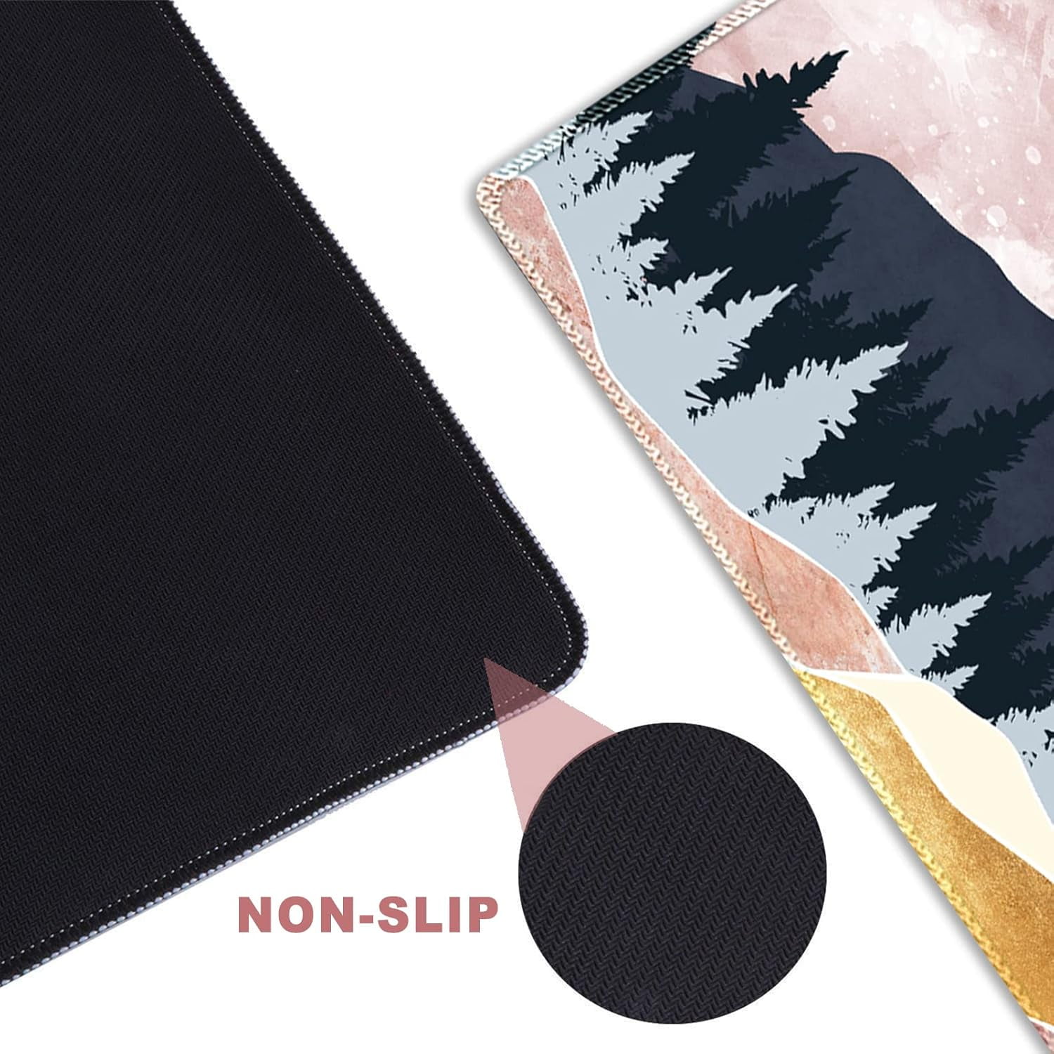 Large Gaming Mouse Pad with Stitched Edges, XXL Extended Keyboard Mat Long Mousepad Desk Decor Writing Pad 35.1x15.7 in, Non-Slip Base for Work, Game, Office, Home, Pink Abstract Mountain