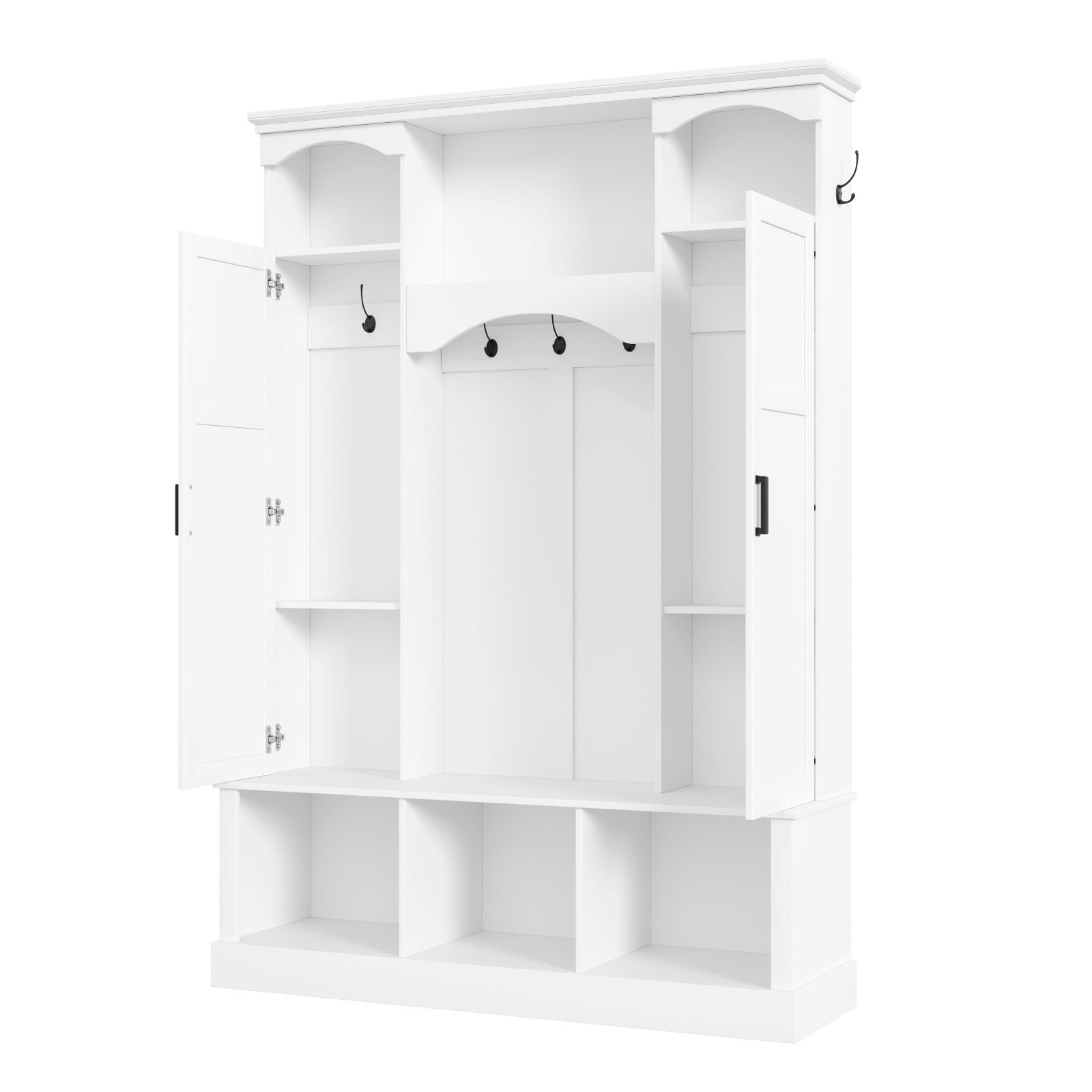 Modern Farmhouse Entryway Hall Tree with Bench, All-in-One Coat Rack Shoe Storage with 2 Side Cabinets, Adjustable Shelves & 7 Hooks, Arched Hallway Organizer for Mudroom Entryway, White