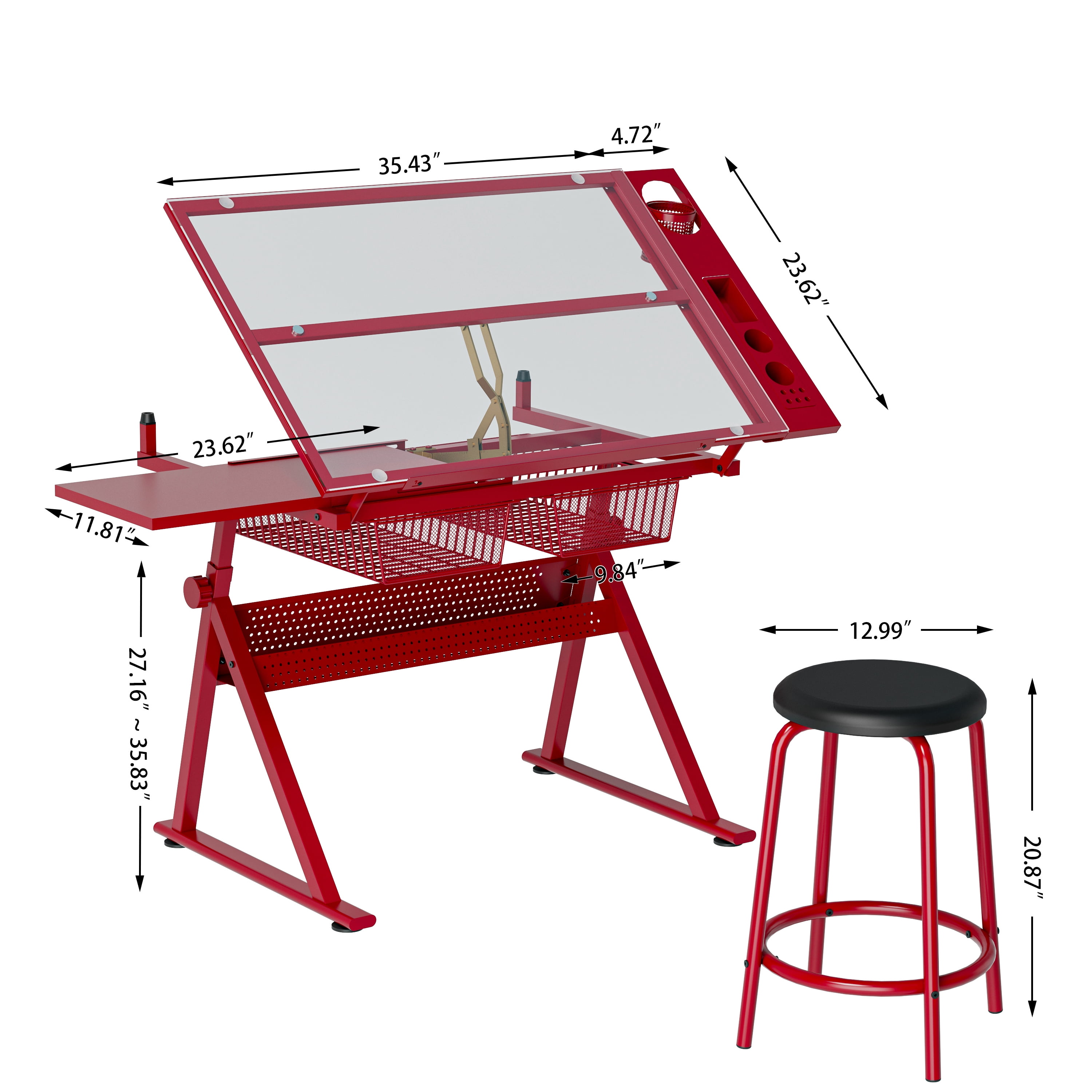 Adjustable Tempered Glass Drafting Table with Chair, 0-75° Tiltable Drawing Table with Height Adjustment, Metal Storage Rack & 2 Drawers, Art Craft Workstation for Printing Drafting