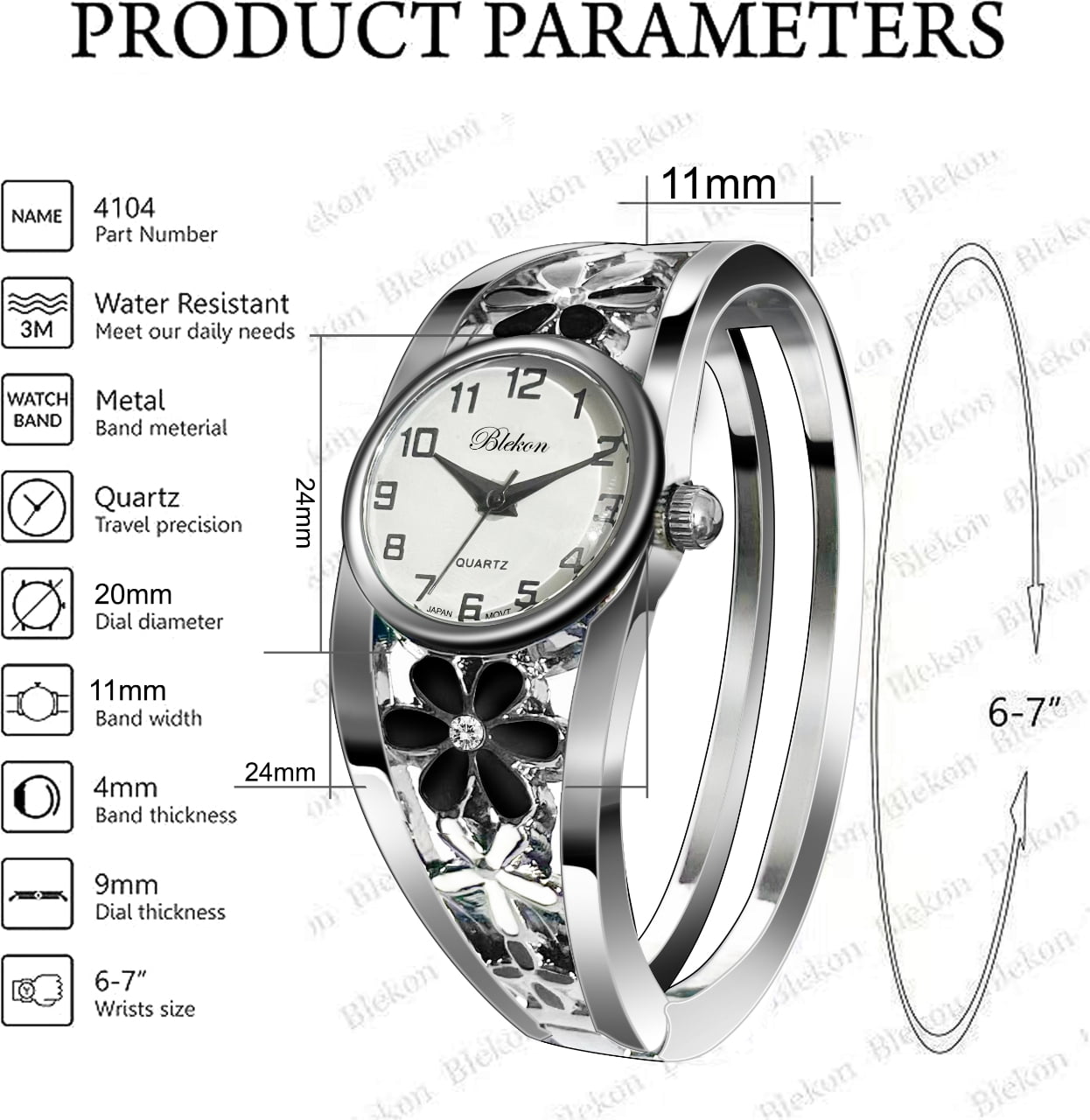 Blekon Women’s Cuff Bangle Watch With Elegant Silver Bracelet, Flower Design Dial, Fashion Jewelry Timepiece