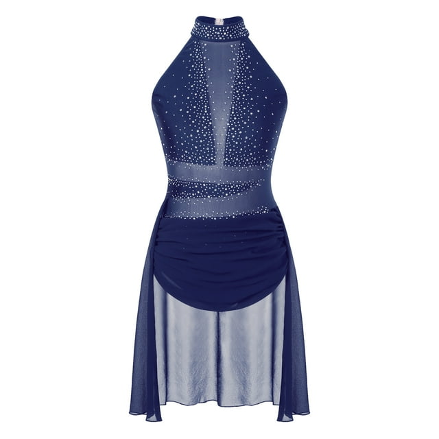 Kvysinly Women's Lyrical Dance Costume Ruched Drape Modern Contemporary Dance Dress Navy Blue S