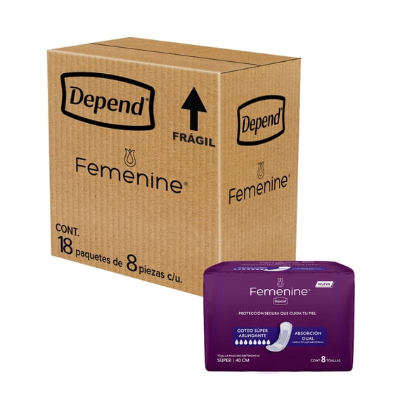 Toalla para Incontinencia Depend Femenine Anatómica Súper 144 piezas