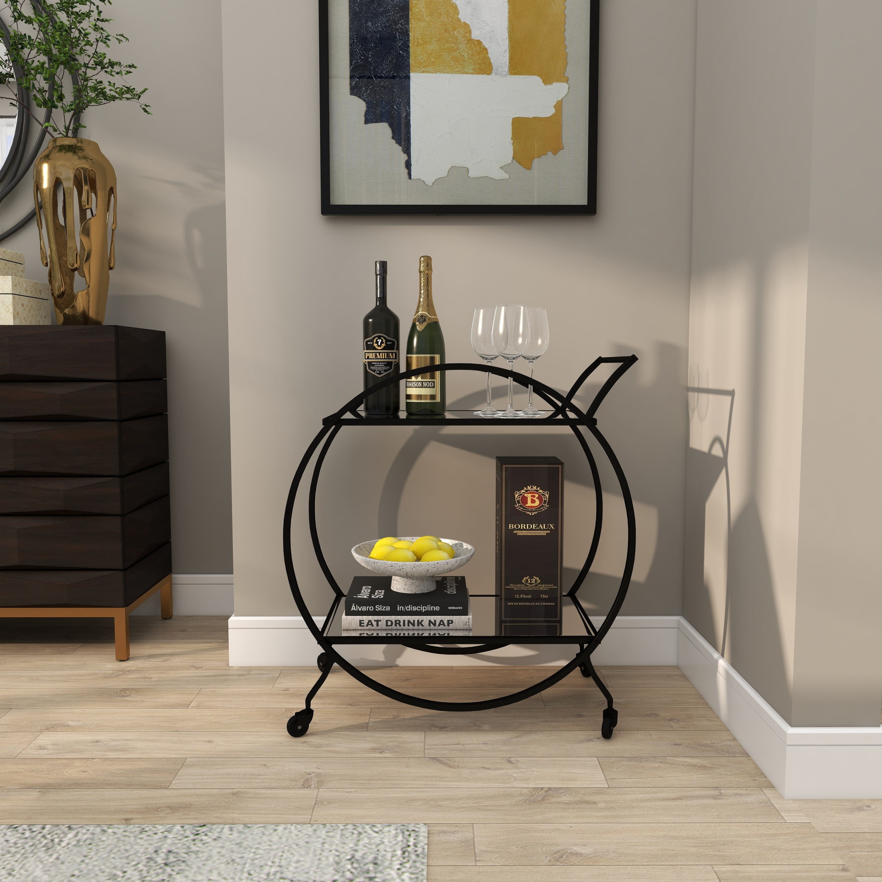 DecMode 14" x 30" Black Metal Rolling 2 Mirrored Shelves Bar Cart with Wheels and Handle, 1-Piece