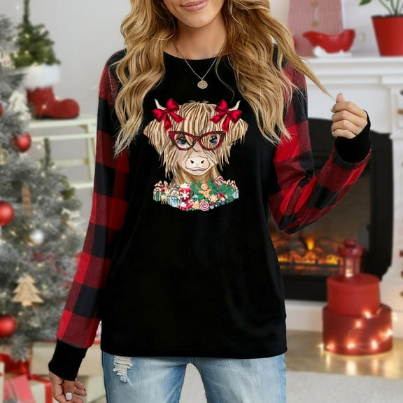 Women's Long Sleeve Christmas Top, Highland Cow With Bows & Glasses Festive Graphic Plaid Raglan Sweatshirt