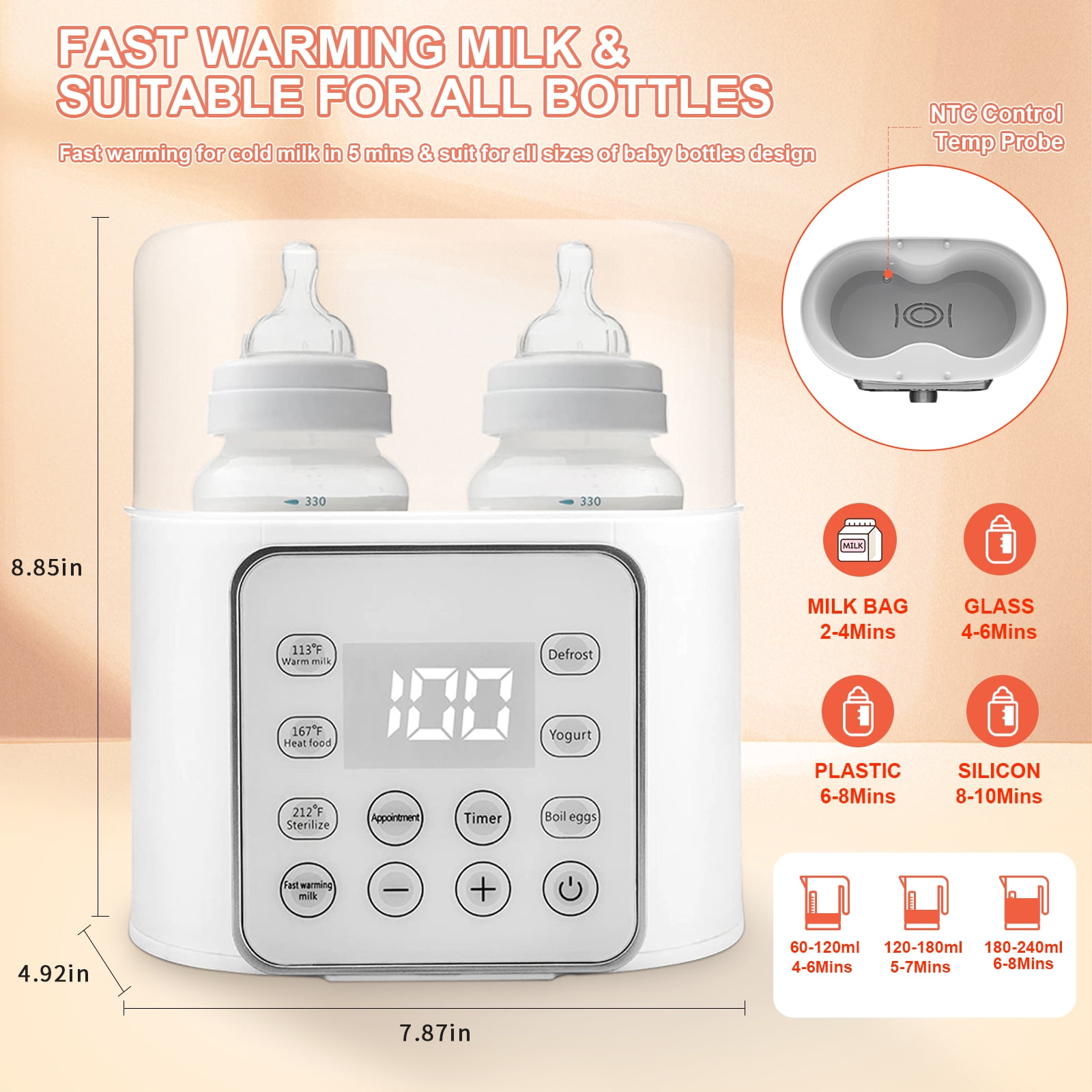 Baby Bottle Warmer, 9-in-1 Fast Milk Heating, Food Heating & Defrosting, 2 Bottle Breastmilk or Formula Warmer with Timer