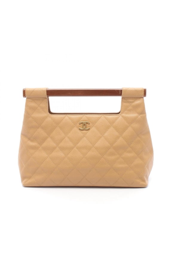 Pre-Owned Chanel Matelass Wood Handle Handbag, Calfskin Leather, Women's, Beige