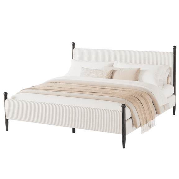 King Size Upholstered Bed Frame with Velvet Headboard, Soft Corduroy Fabric Platform Bed with Wooden Slats Support, No Box Spring Needed, White