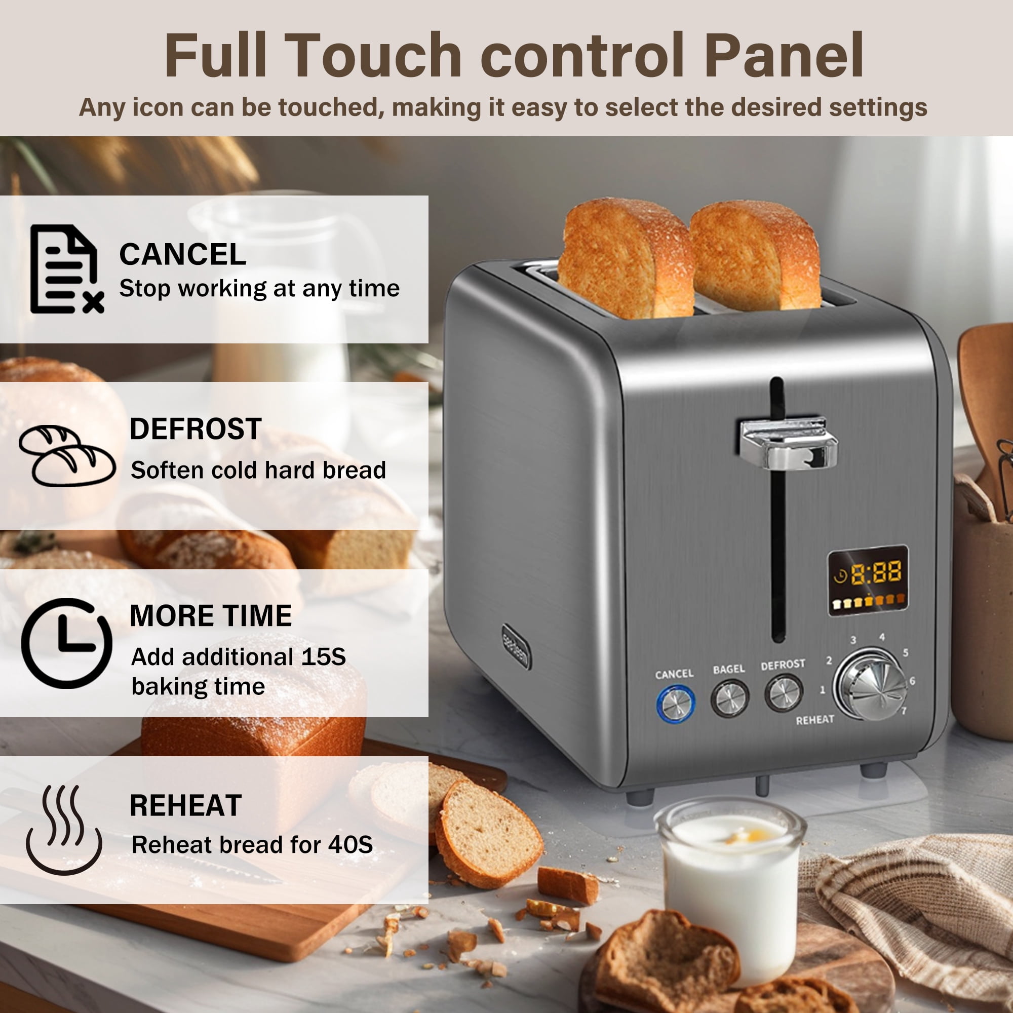 SEEDEEM Toaster 2 Slice, Stainless Steel Bread Toaster LCD Display, 7 Shade Setting, 1.4'' Wide Slots, Bagel/Defrost/Reheat Functions, Removable Crumb Tray, 900W