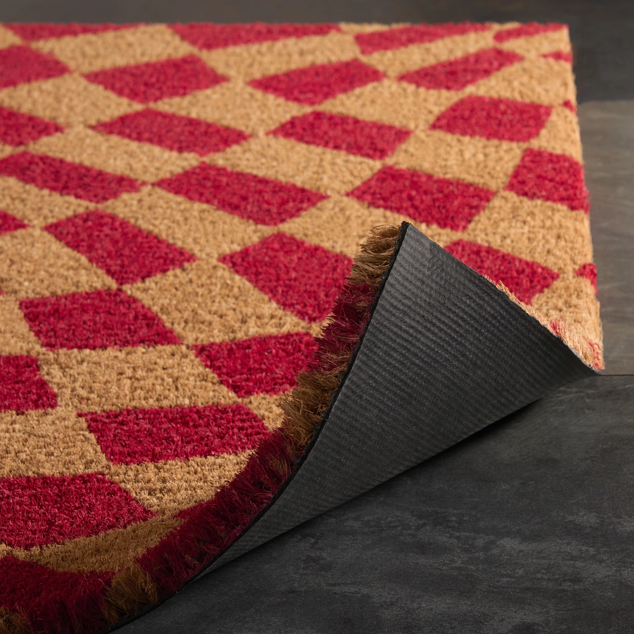 TOWN & COUNTRY TERRA Emmett Groovy Checkerboard Outdoor Door Mat, Natural Coir, Heavyweight, Non-Slip Entryway Mat, Red, 18"x30"