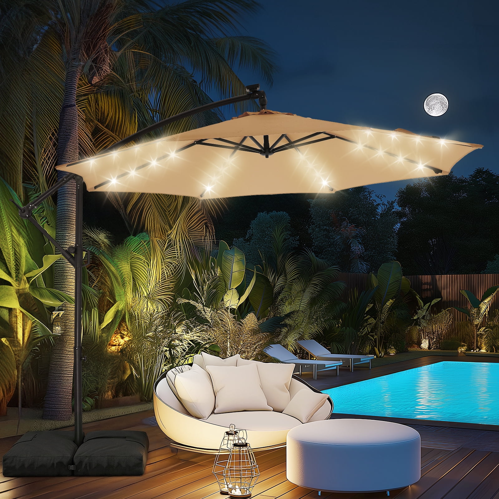 Patbrela 10ft Offset Patio Umbrellas (Includes Base) Outdoor Cantilever Hanging Umbrella with Infinite Tilt, for Yard, Garden, Beach, Pool & Deck, Beige