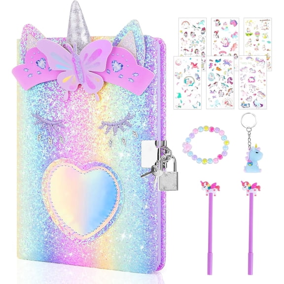 CutteeyFyry Unicorn Diary with Lock,Gift for 6 7 8 Year Old Girl,Glitter Seceret Journal for Kids with 160 Pages,Shiny Notebook for Writing and Drawing,Cute Stationery School Christmas Birthday Gift