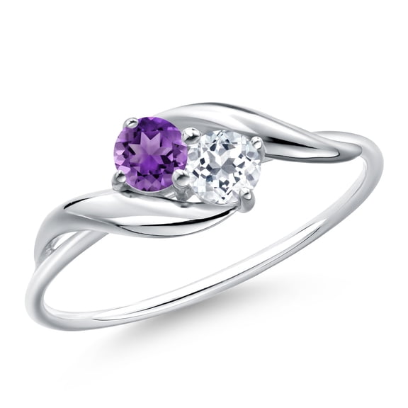 Gem Stone King 10K White Gold Round Purple Amethyst and White Topaz Ring for Women (0.38 Cttw, Round 3.5MM, Gemstone February Birthstone, Size 6)